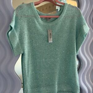 WDNY Womens Light Blue Aqua Sequin Glitter Sparkle Knit Top Short Sleeve Size M